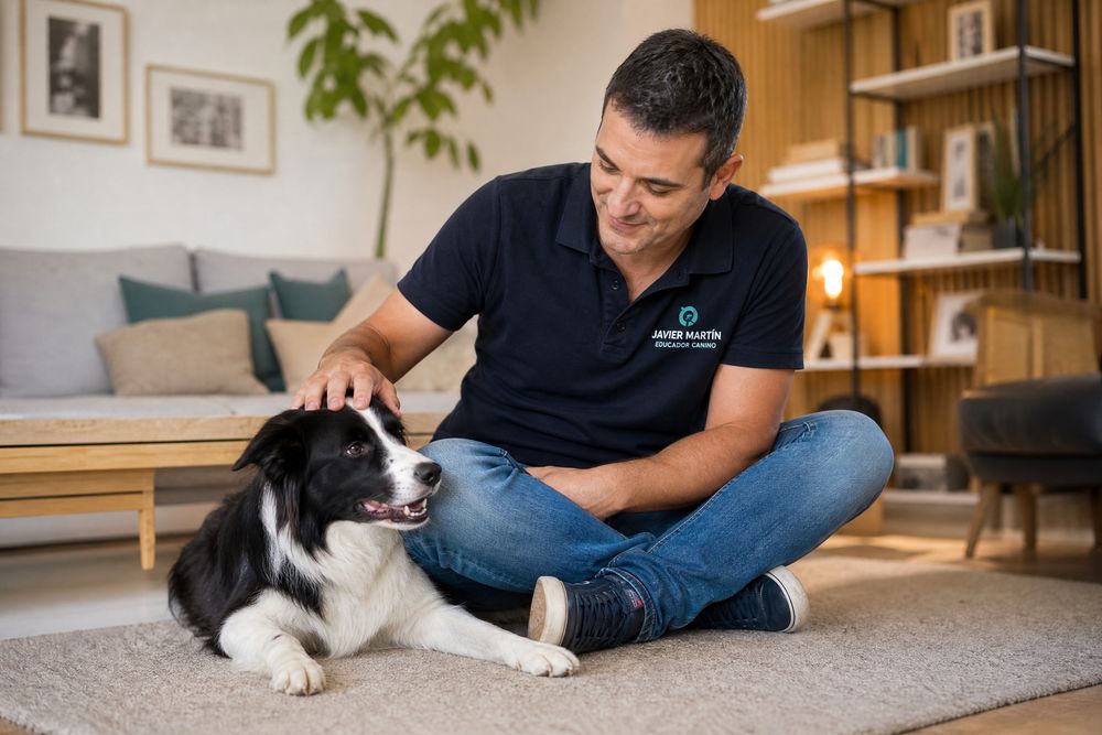 El educador canino de Calma Canina en casa con un perro tranquilo