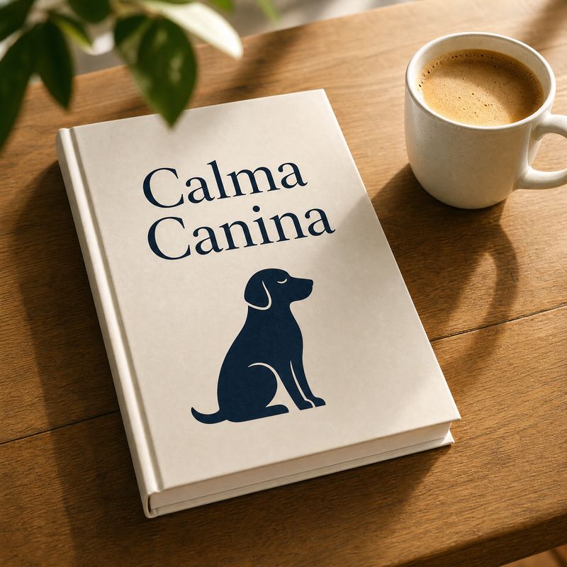 El libro Calma Canina impreso sobre una mesa junto a una taza de café